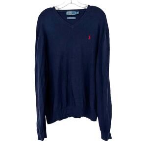Polo Ralph Lauren Navy Blue Pima Cotton V Neck Sweater Sz XXL